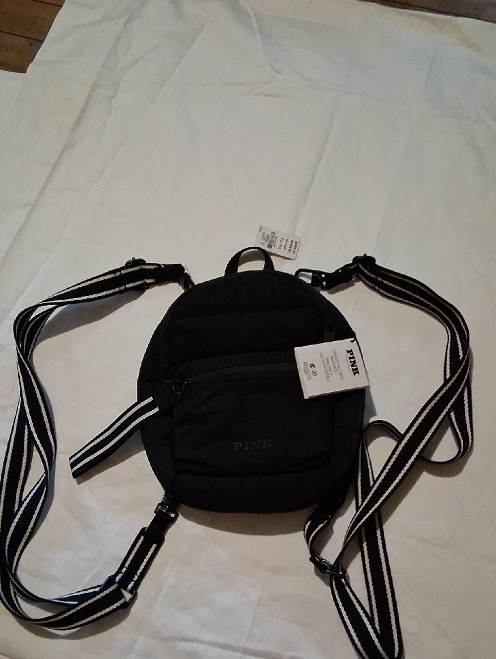 PINK Victoria's Secret Black Mini Backpack with Striped Strap